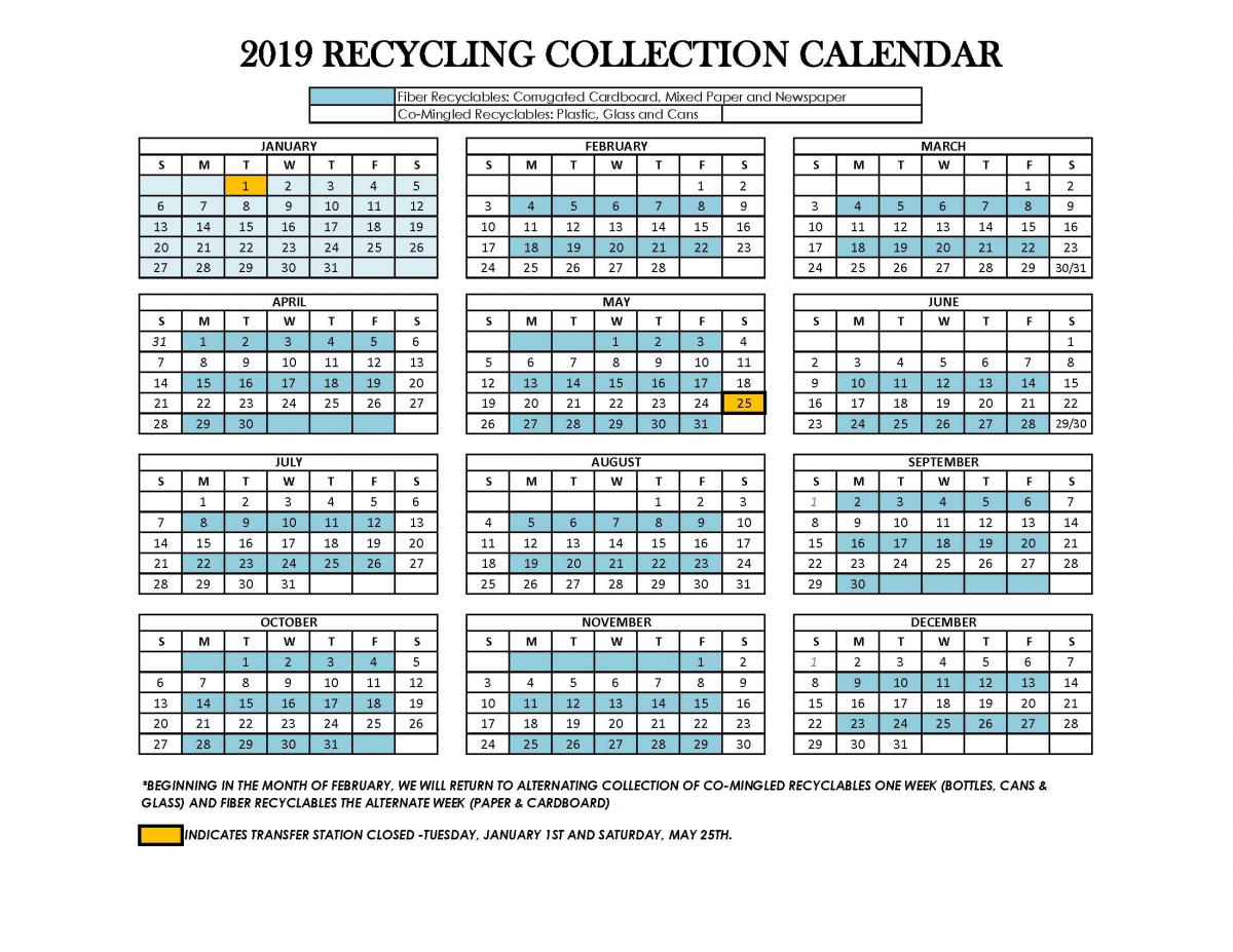 2019 Recycling Collection Calendar The Town of Durham New Hampshire